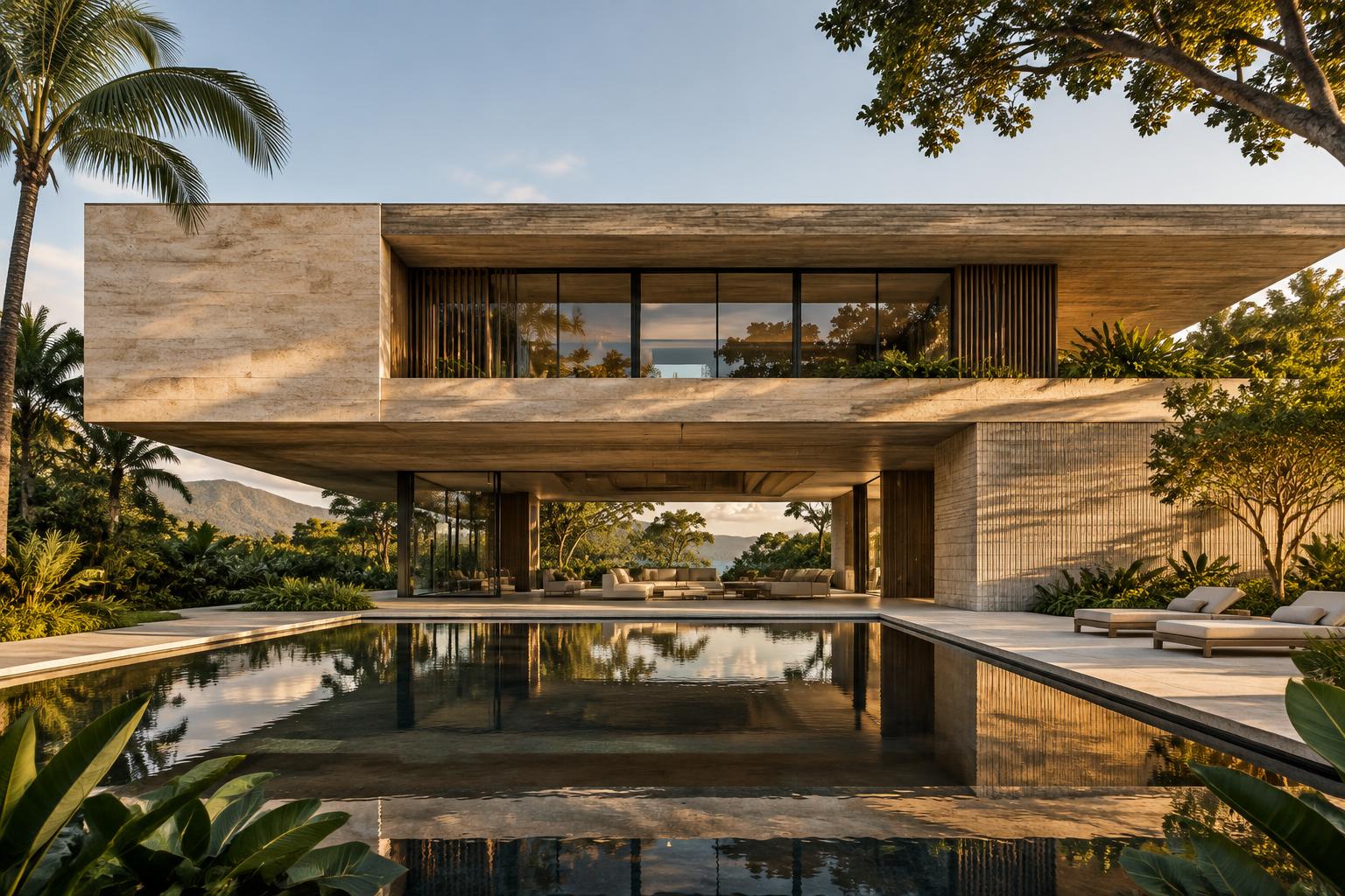 Arquitetura contemporânea em pedra natural junto a um espelho d’água, imagem conceitual